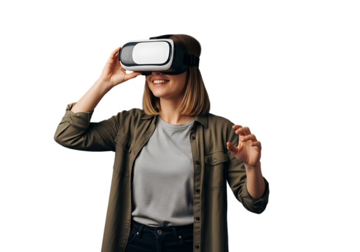 A young woman with blonde hair smiles joyfully while immersed in a VR experience, wearing a white and black headset. Casually dressed in green and grey, she actively gestures, reaching into the virtua