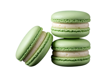 Elegant Light Green Macarons: Three Delicate French Pastries with Creamy White Filling, Showcasing Perfect Shells and Ruffled Feet Against a Dramatic Black Background, Capturing the Artistry of Confec