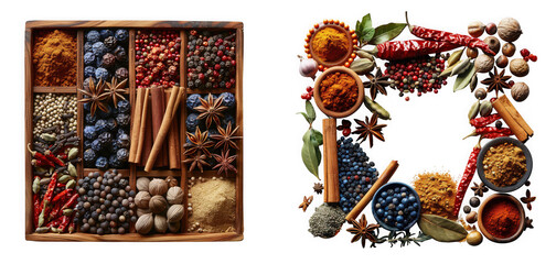 A diverse assortment of aromatic spices and herbs, featuring cinnamon, star anise, peppercorn, and chili, isolated on white isolated on transparent background