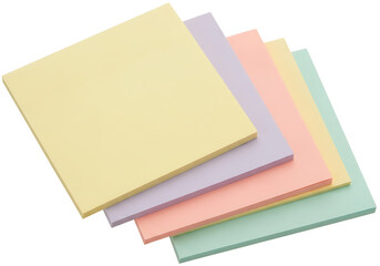 Fototapeta premium A serene stack of pastel sticky notes—pale yellow, lavender, peach, mint—fanned diagonally, showcasing soft matte textures under even light, evoking calm creativity and gentle organization against a c