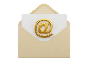 A sleek 3D-rendered beige envelope opens to reveal a white card featuring a gleaming golden "@" symbol, set against stark black for high contrast. Realistic lighting highlights the metallic sheen and 
