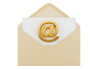 A sleek 3D-rendered beige envelope opens to reveal a white card featuring a gleaming golden "@" symbol, set against stark black for high contrast. Realistic lighting highlights the metallic sheen and 