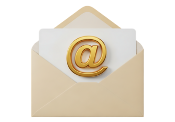 A sleek 3D-rendered beige envelope opens to reveal a white card featuring a gleaming golden "@" symbol, set against stark black for high contrast. Realistic lighting highlights the metallic sheen and 