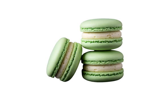 Elegant Light Green Macarons: Three Delicate French Pastries with Creamy White Filling, Showcasing Perfect Shells and Ruffled Feet Against a Dramatic Black Background, Capturing the Artistry of Confec