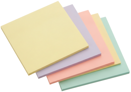 A serene stack of pastel sticky notes—pale yellow, lavender, peach, mint—fanned diagonally, showcasing soft matte textures under even light, evoking calm creativity and gentle organization against a c
