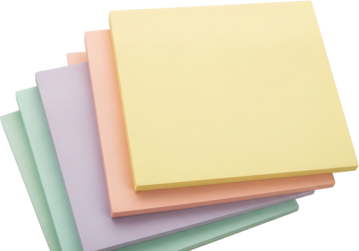 A serene stack of pastel sticky notes—pale yellow, lavender, peach, mint—fanned diagonally, showcasing soft matte textures under even light, evoking calm creativity and gentle organization against a c