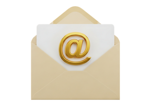 A sleek 3D-rendered beige envelope opens to reveal a white card featuring a gleaming golden "@" symbol, set against stark black for high contrast. Realistic lighting highlights the metallic sheen and 