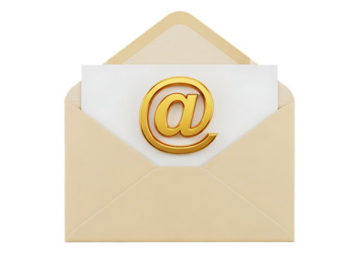 A sleek 3D-rendered beige envelope opens to reveal a white card featuring a gleaming golden "@" symbol, set against stark black for high contrast. Realistic lighting highlights the metallic sheen and 
