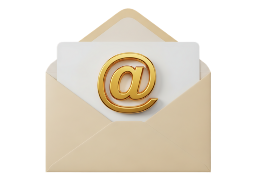 A sleek 3D-rendered beige envelope opens to reveal a white card featuring a gleaming golden "@" symbol, set against stark black for high contrast. Realistic lighting highlights the metallic sheen and 