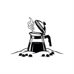 A glass coffee pot with steaming hot liquid and an open lid, illustrated in a bold black and white line art style with coffee beans scattered at its base