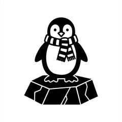 A cute black and white penguin character wearing a striped scarf stands on a small iceberg in this charming winter-themed vector illustration with a simple graphic style