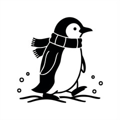 A cute black and white penguin illustration wearing a cozy winter scarf walks through the snow in a charming, minimalist graphic design style perfect for seasonal themes