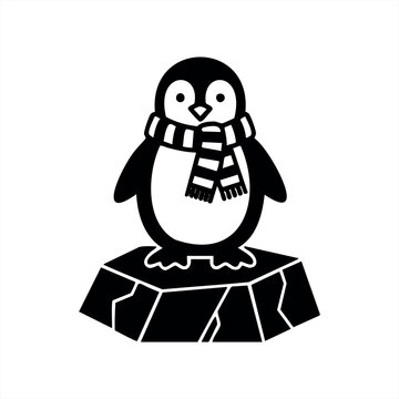 A cute black and white penguin character wearing a striped scarf stands on a small iceberg in this charming winter-themed vector illustration with a simple graphic style