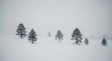 Winter Serenity Snow-Covered Evergreen Trees in Minimalist Landscape