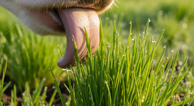 Cow's Tongue Grazing on Fresh Grass Covered in Morning Dew
An extreme close-up capturing the sensory detail of a cow's tongue reaching down to graze on a clump of vibrant green grass