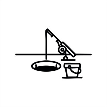 An ice fishing rod and reel setup with a bucket next to a hole, depicted in a simple black and white line art style for a clean, graphic representation of the winter sport