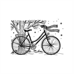 Obraz premium A hand-drawn vintage bicycle with a scarf wrapped around its handlebars is parked by a bare tree during a gentle snowfall in a cozy winter scene illustration