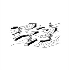 Obraz premium Black and white line art illustration of snowboarders performing tricks in a winter snow park with various ramps, rails, and boxes in a dynamic and minimalist graphic style