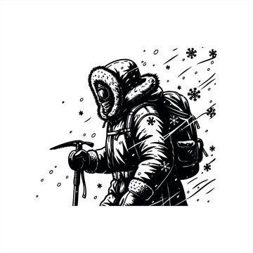 A high-contrast black and white illustration of a mountaineer in a heavy parka with a fur hood and goggles trekking through a windy snowstorm with an ice axe