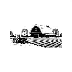 A black and white farm landscape illustration with a tractor parked by a snowy field and a rustic barn with bare trees, depicted in a classic woodcut or linocut art style