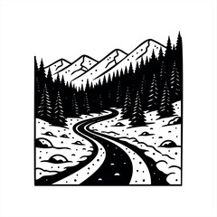 Obraz premium A winding river flowing through a dense pine forest towards majestic mountains in a bold, black and white graphic illustration with a minimalist linocut aesthetic