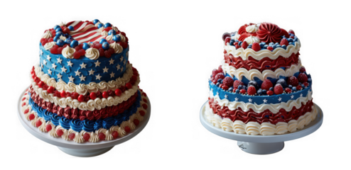 Two festive tiered cakes decorated in patriotic red, white, and blue, adorned with stars and stripes, isolated on transparent background