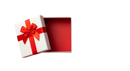 Open gift box with red ribbon isolated on transparent background