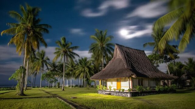 Tropical night scene house under moonlight with palm trees and nature