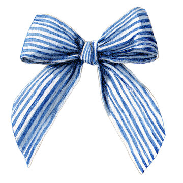 Blue striped watercolor Coquette Bow illustration on a transparend background