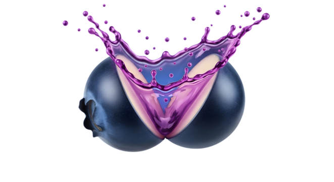 Blueberry fruit with purple juice splash isolated on transparent background