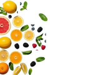 A meticulously styled flat lay of colorful citrus fruits, berries, and mint leaves on a matte light teal surface, with hard directional light and crisp shadows, embodying vibrant summer essence
