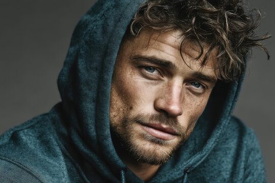 Male model wearing a teal hoodie with thoughtful expression - Powered by Adobe