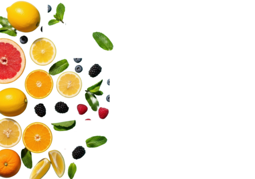 A meticulously styled flat lay of colorful citrus fruits, berries, and mint leaves on a matte light teal surface, with hard directional light and crisp shadows, embodying vibrant summer essence