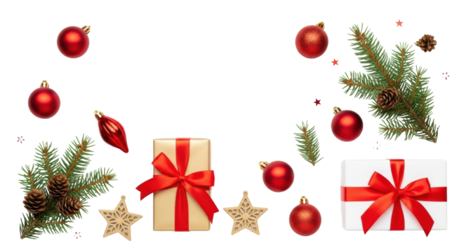 Flat lay of green spruce, red baubles, gold star ornaments, and elegant gift boxes with red bows on transparent background with copy space. Warm festive celebration atmosphere