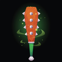 Naklejka premium Cartoon shiny mace medieval game weapon, vector ancient battle tool, warrior spiked mace, wooden club with iron thorns