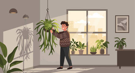Indoor gardening enhances well-being: A serene scene of plant care and harmony