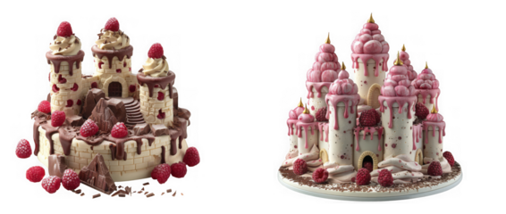 Two whimsical castle cakes, one with chocolate and raspberries, the other with pink frosting and raspberries, isolated on transparent background