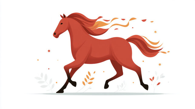 Majestic red horse running with flowing mane in artistic illustration