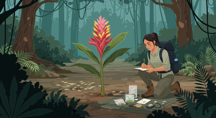 Botanist woman studying a exotic plant in a dense tropical jungle, notes the findings