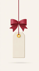 Elegant gift tag with red ribbon and bow on plain background