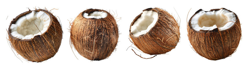 Four coconuts, some whole and some cracked open revealing white flesh, arranged horizontally, isolated on transparent background