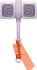 A human hand holding a medieval square hammer with a spiral pattern.