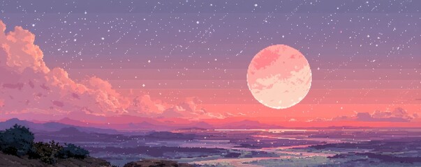 Scenic pixel art landscape of a luminous moonrise with a colorful sunset