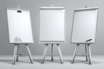 Set of blank flip charts on modern easels in minimalist environment