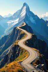 A winding road ascending a mountain, symbolizing the progression and challenges of a career journey towards success and achievement , determination, perseverance