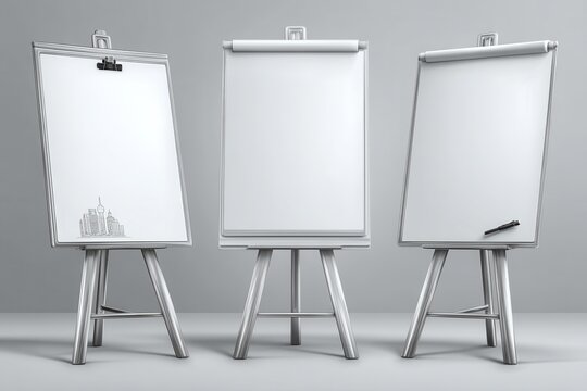 Set of blank flip charts on modern easels in minimalist environment