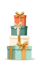Fototapeta premium Colorful stacked gift boxes with ribbons on white background