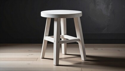 White wooden stool with round seat and crossbar legs on dark textured background