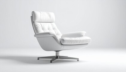 Modern white chaise lounge with cushioned sections and metal swivel base on dark background