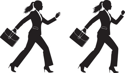 Businesswoman silhouette running with briefcase, symbolizing ambition, career progression, urgency, and professional drive in modern era.